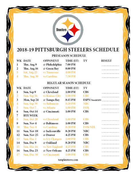 Steelers Printable Schedule